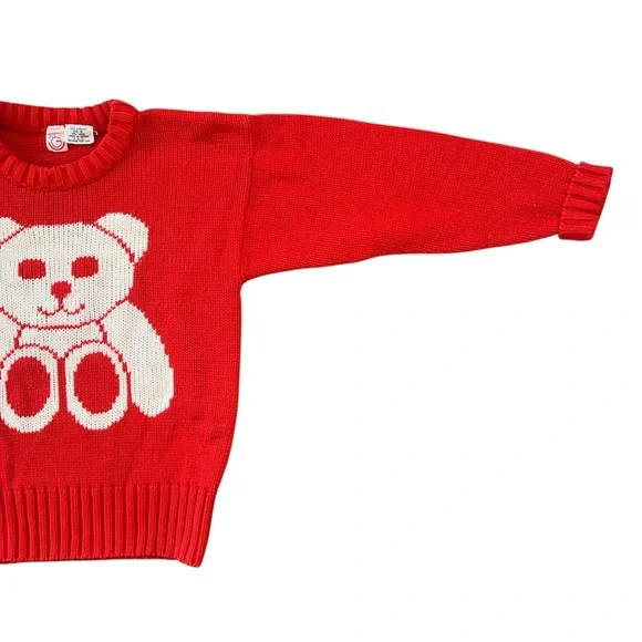 Vintage 80s 90s Red Knit Crewneck Teddy Bear Print Pullover Sweater Size Small - Picture 2 of 8